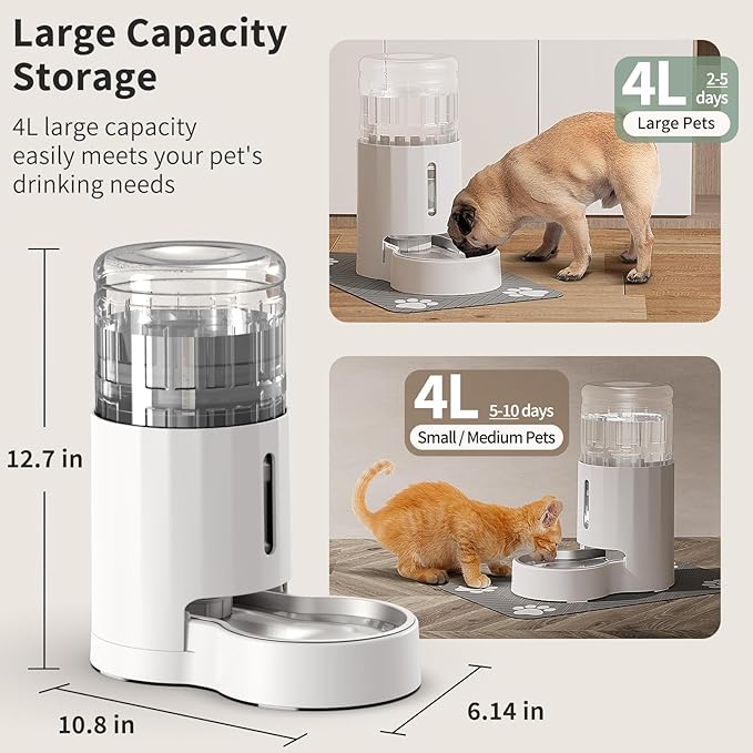 JUNSPOW Cat Water Dispenser with Placemat and Stainless Steel Bowl, Automatic Gravity Water Dispenser for Cats or Small Medium Size Dogs, Large Capacity, Easy to Clean and Safe for Pets (4L White)
