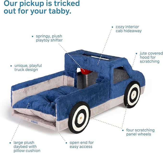 Prevue Pet Products Kitty-150 Cat and Dog Bed and Play Truck - Funny Novelty Dog & Cat Car Bed with Scratcher, Large & Cozy, Easy to Assemble, Removable Pillow, Included Swatting Toy - Blue