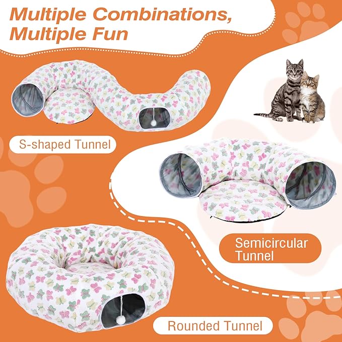 Cat Tunnels for Indoor Cats, 35'' Plush Cat Tunnel Bed with Playful Ball and Circle Cushion, Multifunctional Peekaboo Cat Cave, Interactive Toy Gift for Cats, Kittens, Rabbits,WhiteButterfly