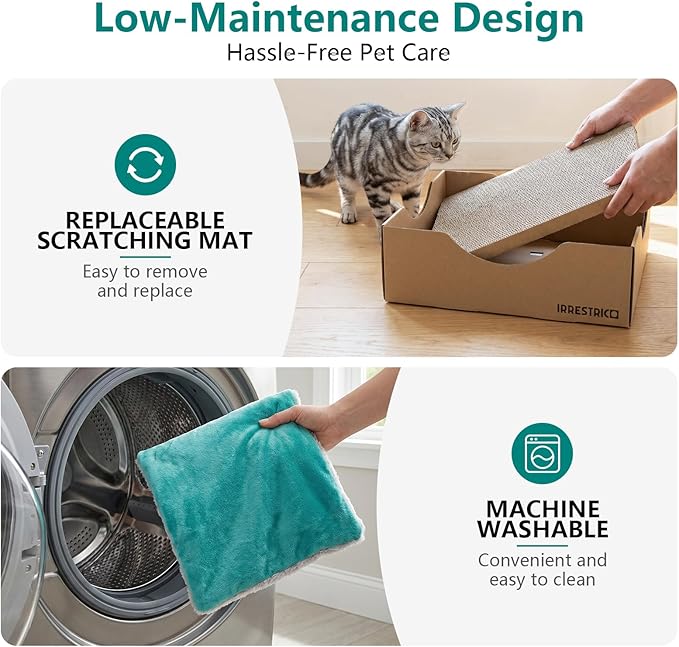 Cardboard Cat House with Replaceable Scratcher & Waterproof Cushion, 2-in-1 Cat Lounge Bed & Scratch Box, Eco-Friendly Cat Furniture Cube Cat Bed for Indoor Cats 13.8"