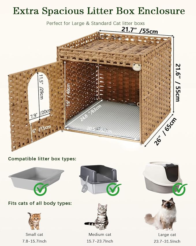 SETVSON Cat Litter Box Enclosure Furniture, Large Hidden Litter Box Furniture, Handwoven Rattan Cat House Cabinet, One Mat, Two S-Shaped Hooks, Living Room, Apartment 21.6 X 26 X 21.6 Inches, Natural