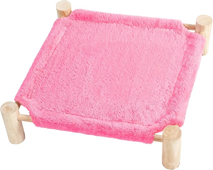 Patas Lague Cat and Dog Hammock Bed for Small Dogs, Brethable Wooden Cat Pet Rabbit Elevated Bed Cots Furniture for All Seasons Fleece Hot Pink