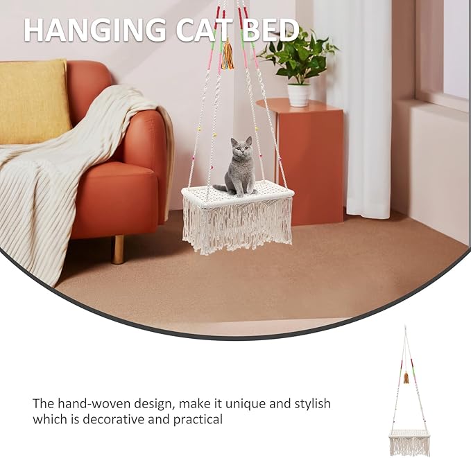 DOITOOL Macrame Hanging Cat Hammock Bed Tassel Cotton Rope Swing Wear-Resistant Indoor Cat Nest Suitable for Kittens and Household Pet Hammock Furniture