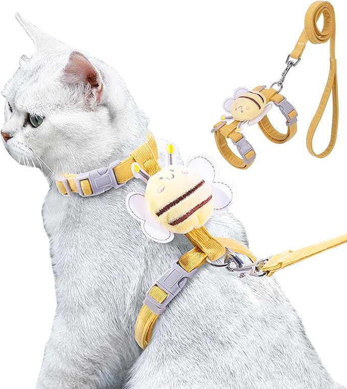 Cat Harness and Leash Set for Outdoor Travel Walking Escape Proof Soft Safe Adjustable Kitten Puppy Small Strap Kitty Cute Bee Wings Yellow M