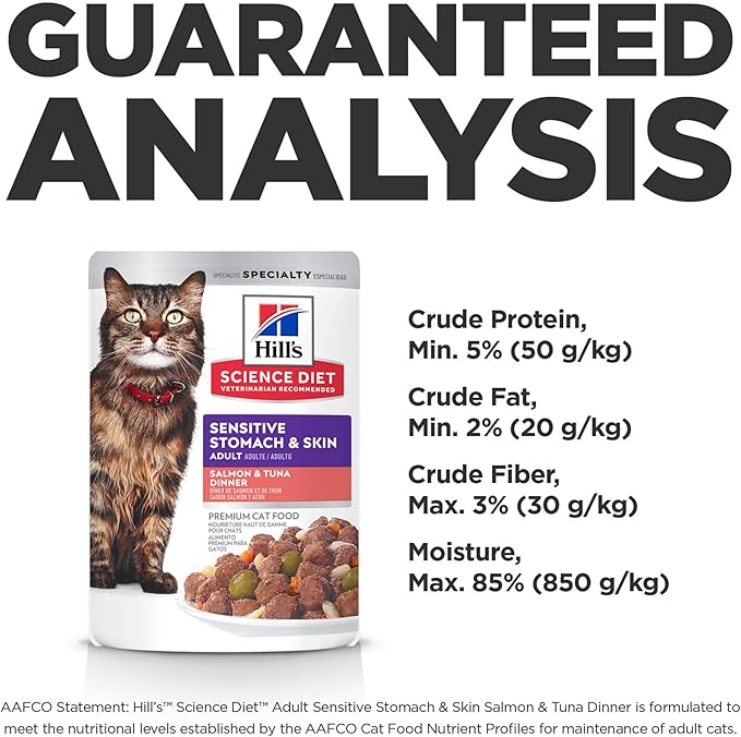 Hill's Science Diet Adult Sensitive Stomach & Skin Wet Cat Food, Salmon & Tuna, 2.8 oz. Pouches, 24-Pack