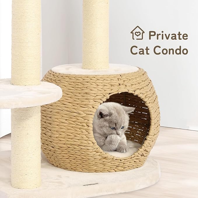 KAMABOKO 39 Inch Modern Cat Tree for Indoor Cats, Solid Wood Cat Tower with Natural Sisal Scratching Posts, Hand-Woven Cat Condo & Top Perch