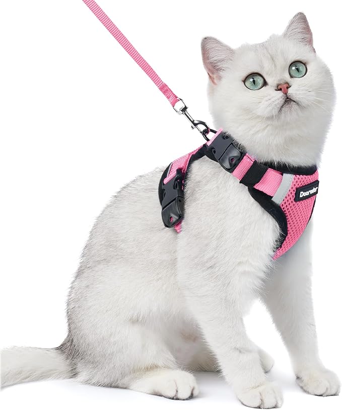 Dooradar Cat Harness and Leash Set, Escape Proof Soft with 3 Adjustable Buckles, Comfortable Vest Easy to Wear Kitten Harness with Reflective Strip, Safe for Outdoor Walking, Pink, S
