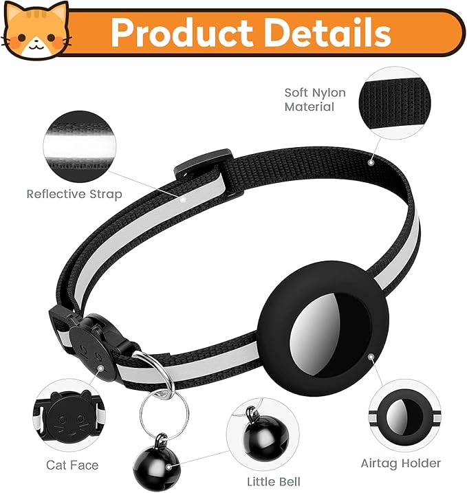 Airtag Cat Collar with Bell, Reflective Nylon Kitten Collar with Apple Air Tag Holder and Breakaway Safety Buckle for Puppy Girl Boy Cats, 3/8" in Width and Lightweight, Blue