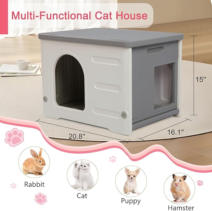 Plastic Cat House for Outdoor Indoor, Waterproof Outdoor Cat House with Escape Door for Feral Cats Outside Cat Shelter for Small Pet, Spacious, Assemble Easily -Grey Basic Style