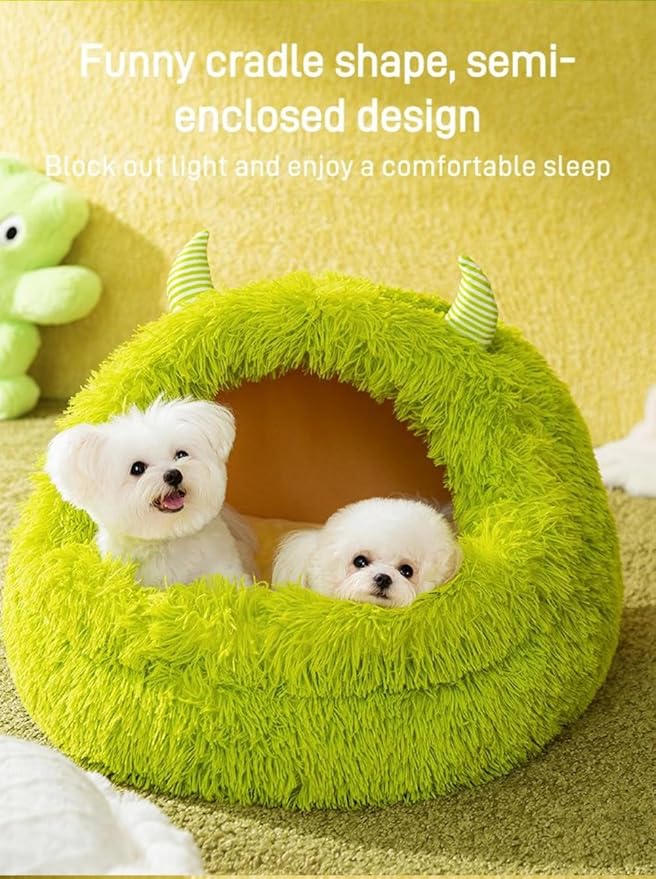 Autumn and Winter Cat Bed Semi-Enclosed Plush Warm Thickened Little Monster Cat Bed Indoor High Cushion Deep Sleep Dog Bed Small and Medium Dog Cat Bed Pet Bed (M,Brown)