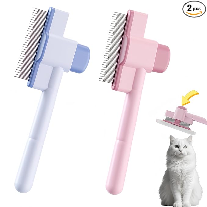 Pet Comb-2 Pack,Flea Comb for Cats&Dogs Cleaning Removal Comb Pet Hair Gentle with Release Button,Kittens Pet Comb to Groom Hair and Knots (Pink & Blue)