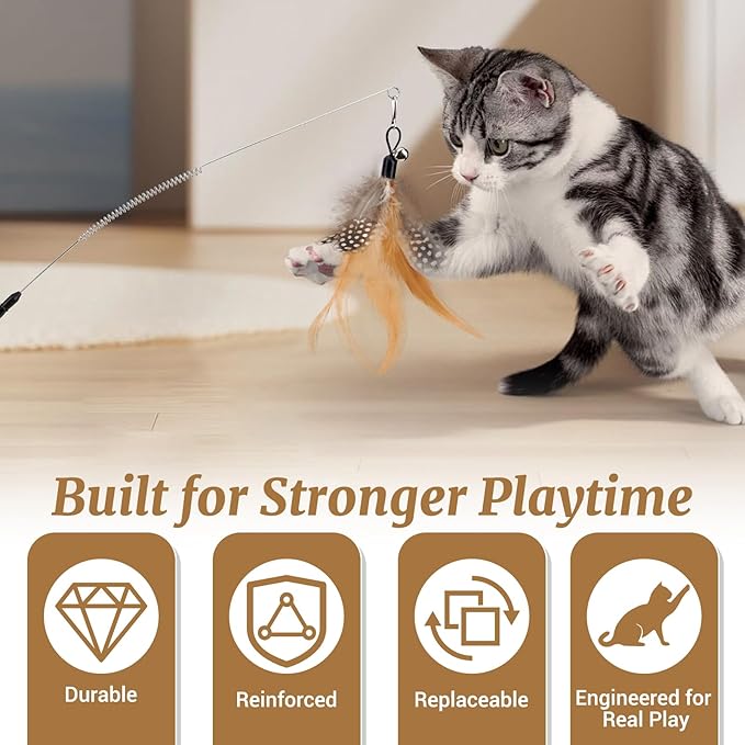 ROSAUI Durable Cat Wand Toy Set for Cats, 4 Steel Wire Teasers with Soft Spring, 7 Replaceable Feather Refills, One-Piece Molded Handle for Interactive Indoor Play, Best for Small to Medium Cats