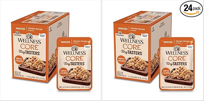 Wellness CORE Tiny Tasters Minced Adult Wet Cat Food,Natural,Protein-Rich,Grain Free,1.75-Ounce Pouch,(Chicken),(Pack of 24)
