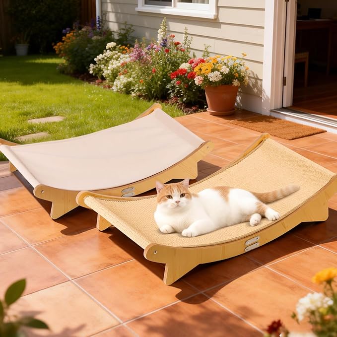 Cat Scratcher Bed, Sisal Cat Bed Hammock with Sisal Pad and Cloth Pad for Indoor Cats Wooden Cats Furniture for Scratching and Resting
