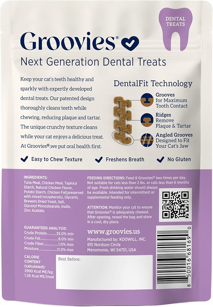 Groovies Cat Daily Dental Treats. Tasty, Crunchy Bites Cats Love. Tuna Flavor. Powered by USA-Patented DentalFit Technology. No Added Gluten, No Artificial Flavors or Colors. 7.05oz (460 Treats)