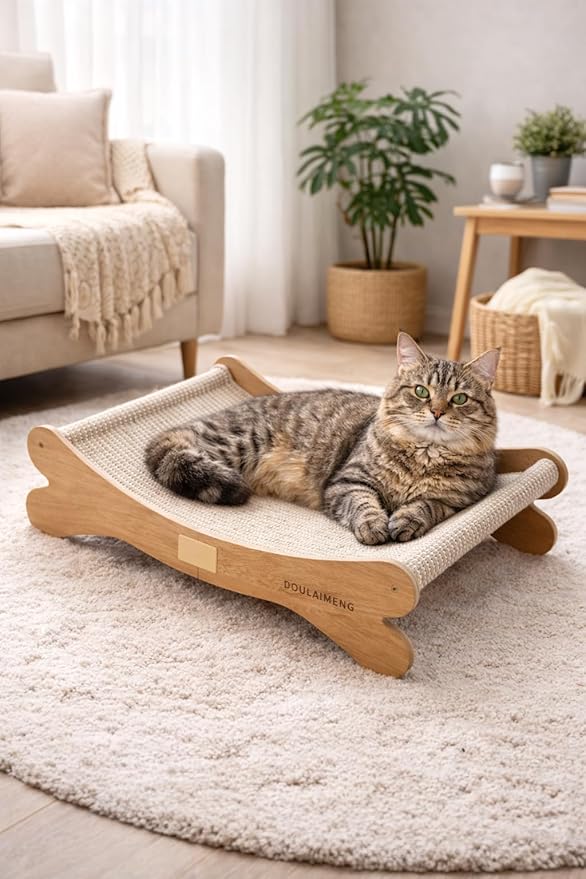 Wooden Cat Hammock Bed – Elevated Pet Lounger for Cats & Small Dogs, Sturdy Natural Wood Frame, Breathable Mesh Sling, Indoor Cozy Pet Furniture