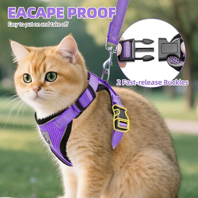 PUPTECK Cat Harness and Leash Set Escape Proof Reflective Cat Walking Harness Adjustable Soft Breathable Mesh Vest for Small Pets, Purple, XS