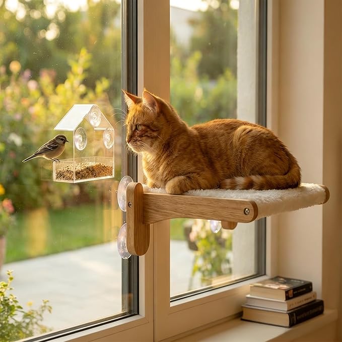 Cat Window Perch with Bird Feeder – Upgraded Bird Watching Solution for Indoor Cats, Foldable Cat Hammock Seat with Strong Suction Cups, Relieves Boredom & Stimulates Natural Instincts (Nature-2)