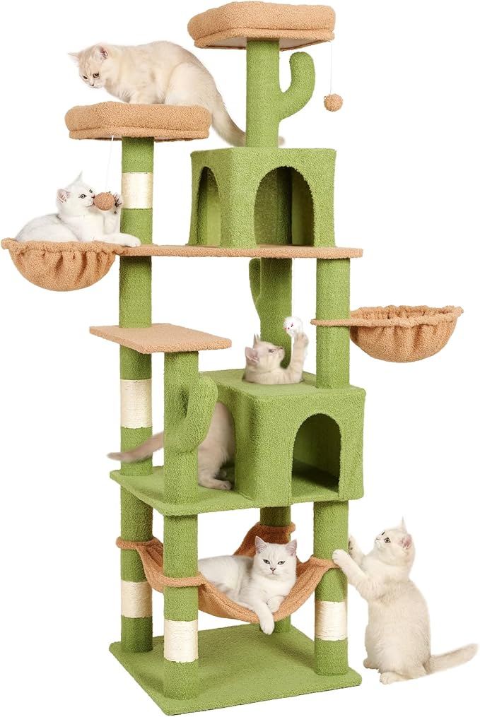 AMHANCIBLE Cactus Cat Tree, 70 Inch Tall Cat Tower for Indoor Cats, Multi-Level Cat Tree with Scratching Post, Hammock, Hanging Basket, Large Cat Condos for Adult Cats Kittens, Green, PT18GR