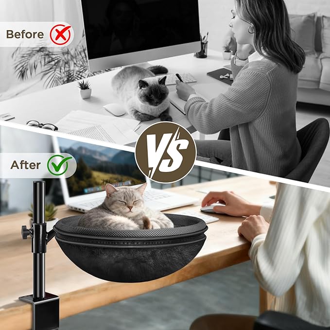 Cat Desk Bed, Cat Hammock with 360° Rotating & Height Adjustable, Removable Dual-Sided Breathable & Comfortable Kitten Bed, Cats Furniture Attachment for Indoor Office Desk (Black)