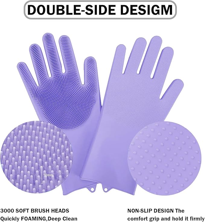 Pet Grooming Gloves for Cats Dogs, 3000 Silicone Grooves Bathing Gloves, Wet Dry Dual Use Washing Massage Gloves, Pet Bath Supplies for Gentle Cleaning Grooming （Purple）