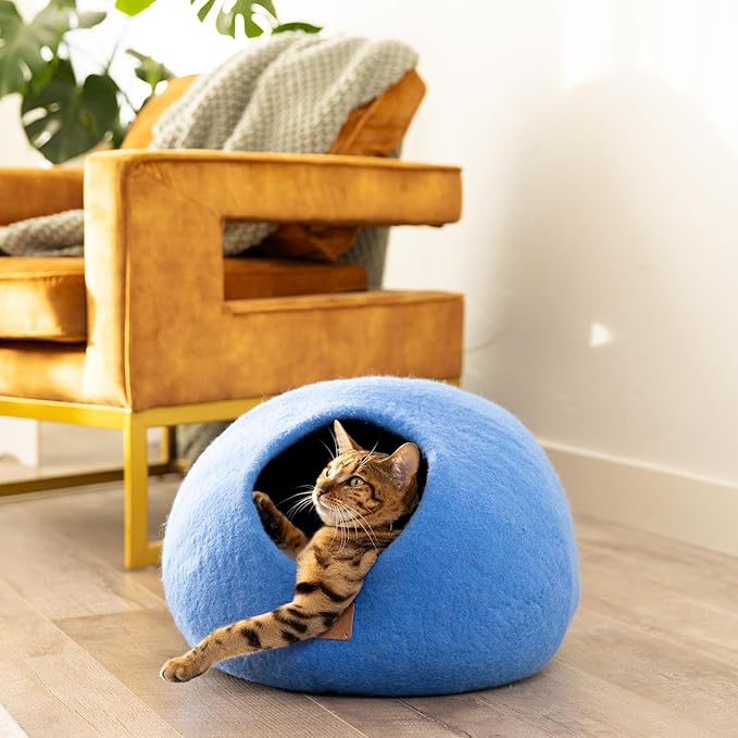 Best Aesthetic Cat Bed - Premium Felted Wool Cat Cave Bed - Cozy Peekaboo Round Cave for Large or Small Cats (Small, Sky Blue)