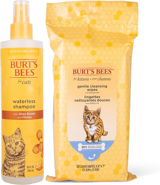 Burt's Bees for Pets Cats Grooming Bundle: Waterless Cat Shampoo with Apple & Honey, 10oz and Kitten Wipes with Buttermilk, 50ct, Naturally Derived Ingredients