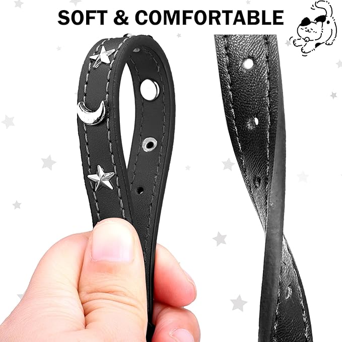 Leather Cat Collars for Boy Girl Cats with Bell and Safety Elastic Belt, Personalized Star and Moon Stud Adjustable Safe Buckle Collar for Kitty Small Big Cats Size 7-9 Inch, Black