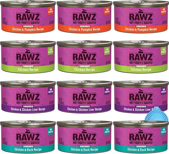 Rawz Natural Premium Canned Cat Wet Food Shredded -12 Pack Chicken Variety - 4 Flavors - (Chicken & Duck, Chicken & Liver, Chicken & Pumpkin, Chicken) Pets Food Bowl - (3oz Cans)