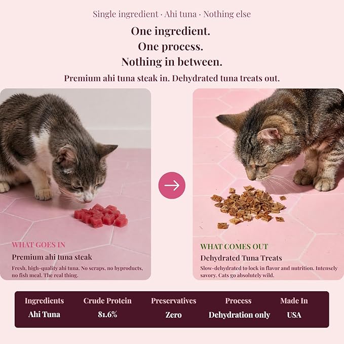 Mugzy's Barkery Ahi Tuna Cat Treat, Single Ingredient, Hand Cut, Small Batch Dehydrated, 81% Protein, Wheat Free, Corn Free, Gluten Free, Soy Free, No Additives, No Junk, 100% Ahi Tuna, 2oz