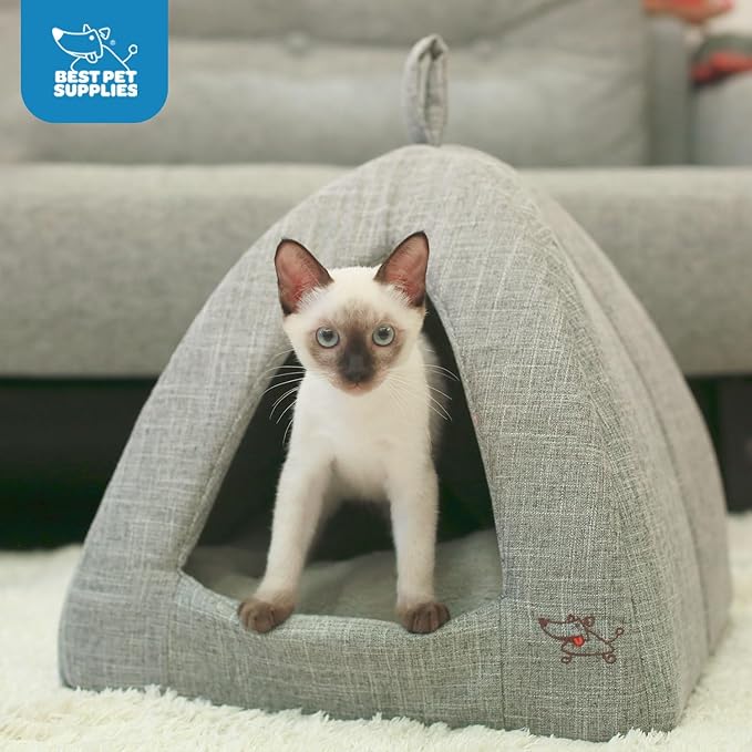 Best Pet Supplies Cat Bed for Indoor Cat, Domed Tent House with Removable Pillow, Covered Cat Cave for Small Dog, Puppies and All Breeds of Cats - Gray Linen, 19 x 19 x H:19"