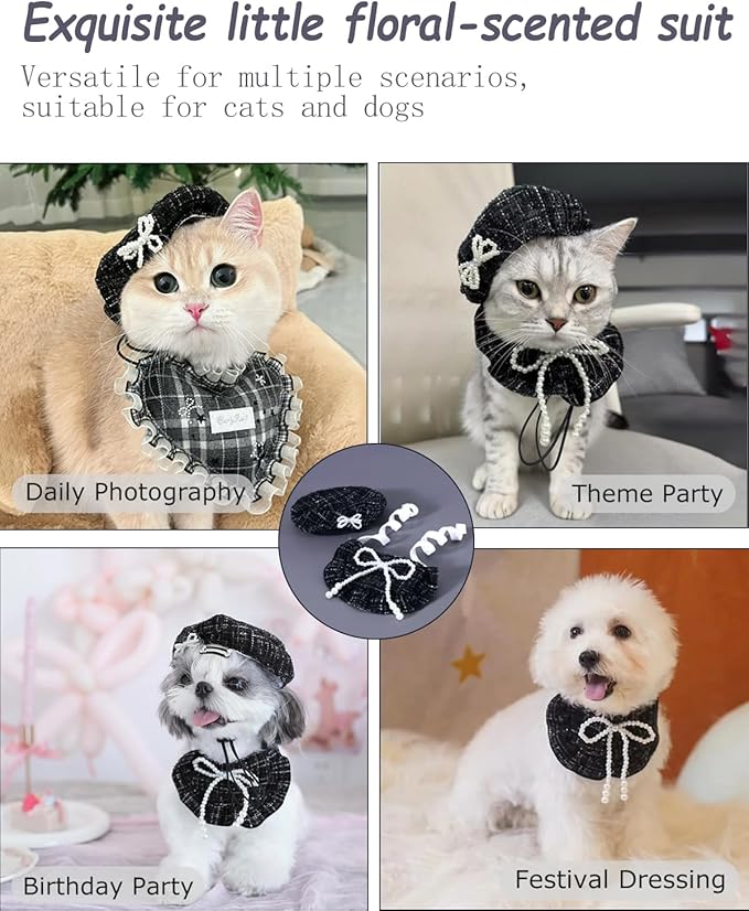 2Pcs Pet Beret Hat with Lace Bow, Adjustable Scarf Set Pet Princess Costume for Halloween Christmas, Cat Dog Birthday Party Apparel (Pink Lace)