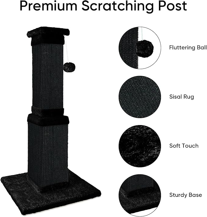 Cat Scratching Post, 32 Inch Cat Scratching Posts for Large Cats, Scratching Posts for Indoor Cats Adults, Cat Scratch Post with Nature Sisal, Full Black