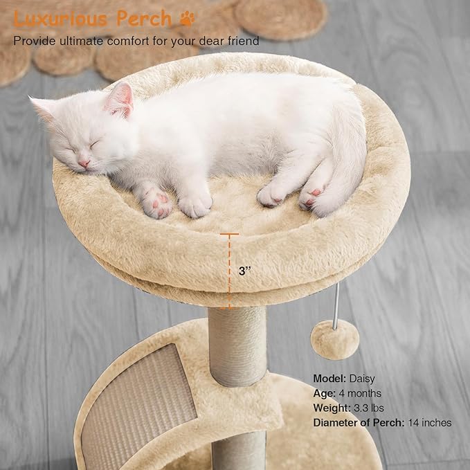 Goozii Cat Scratching Post Tower for Indoor Cats, Small Cat Tree Tower with Bed and Hanging Ball Toys, Short Modern Carpet Kitten Scratcher Stand with Large Round Perch and Scratch Ramp (Beige)