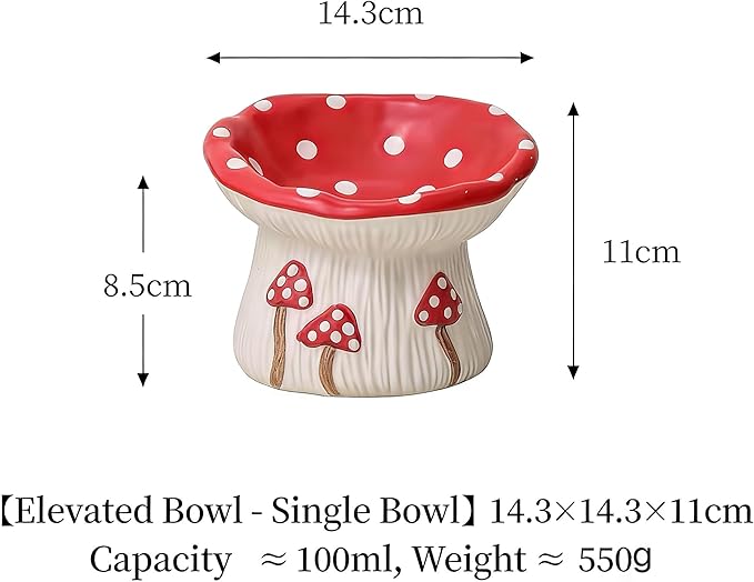 Cat Slow Feeders Set, Raised Ceramic Cat Bowl, Tilted Design, no Black Chin, Gut & Neck-Friendly,Pet Food and Water Bowls (Cute Mushroom Shape)