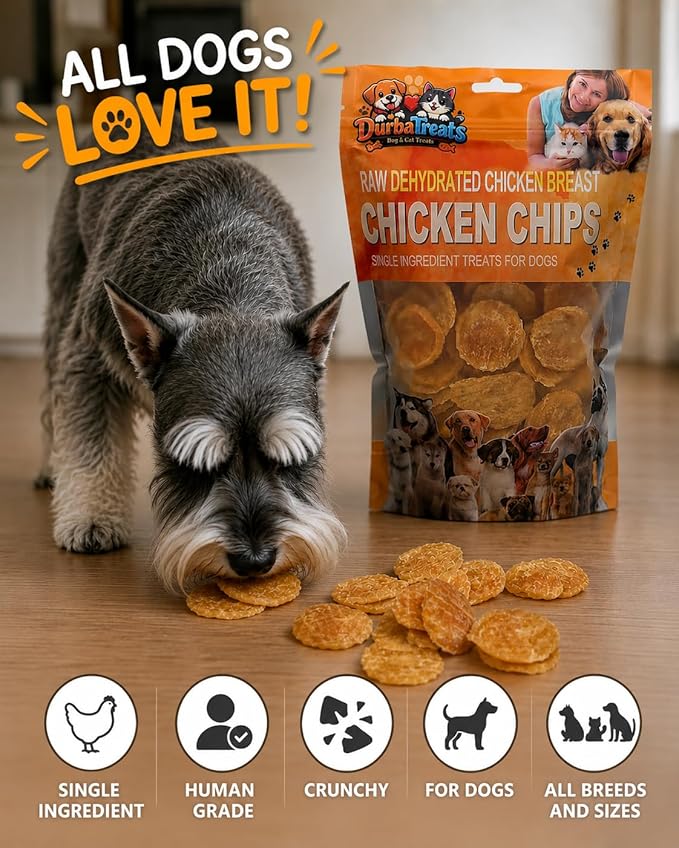 Chicken Chips for Dogs - Raw Dehydrated, Single Ingredient, Healthy Snacks, 1.5" Size, High-Protein, Low-Fat Ideal for Mess-Free Training Easily Broken Into Small Pieces (5 Ounce, Chicken Breast)