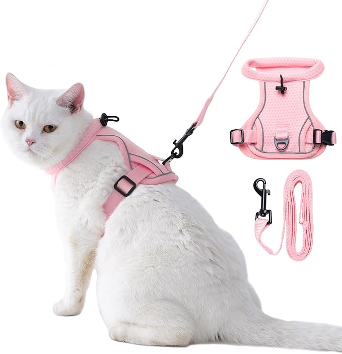 LIANZIMAU Cat Harness and Leash Escape Proof,Adjustable Cat Harness for Outdoor Walks with Reflective Strip, Lightweight and Soft Mesh Vest