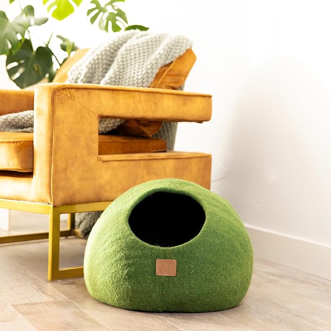 Best Aesthetic Cat Bed - Premium Felted Wool Cat Cave Bed - Cozy Peekaboo Round Cave for Large or Small Cats (Small, Forest Green)