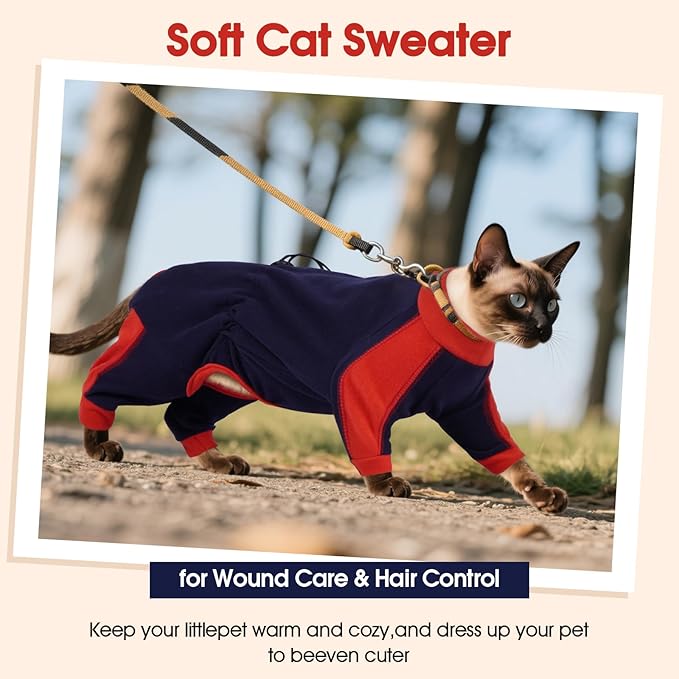 DENTRUN Cat Clothes with Anti-Shedding Fabric - Soft Recovery Suit & Breathable Lint-Resistant Cat Sweater for Wound Care & Hair Control, Kitten Onesie Pajamas, S, Dark Blue