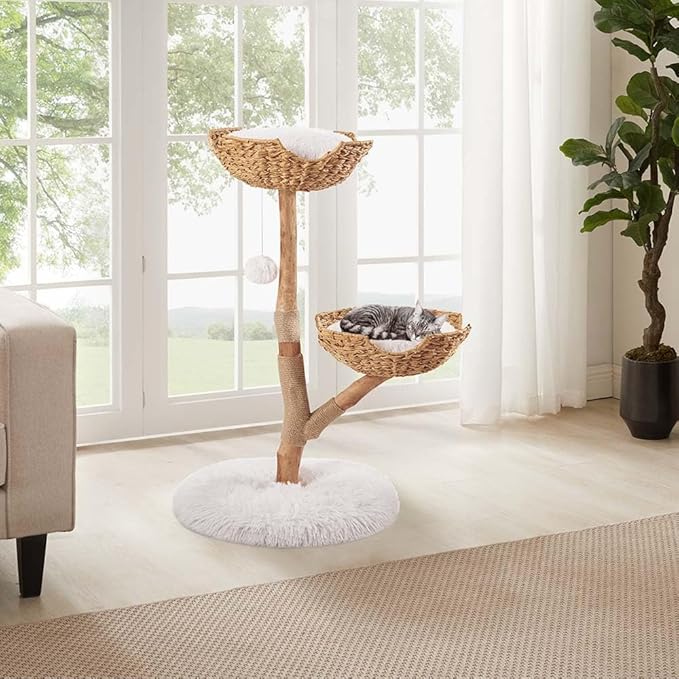 unipaws Wood Cat Tree Tower for Large Cats 20lbs, Updated Enlarge 24" Base with Dual Woven Baskets, 41" H Cat Activity Tree with Plush Cushions and Scratching Post