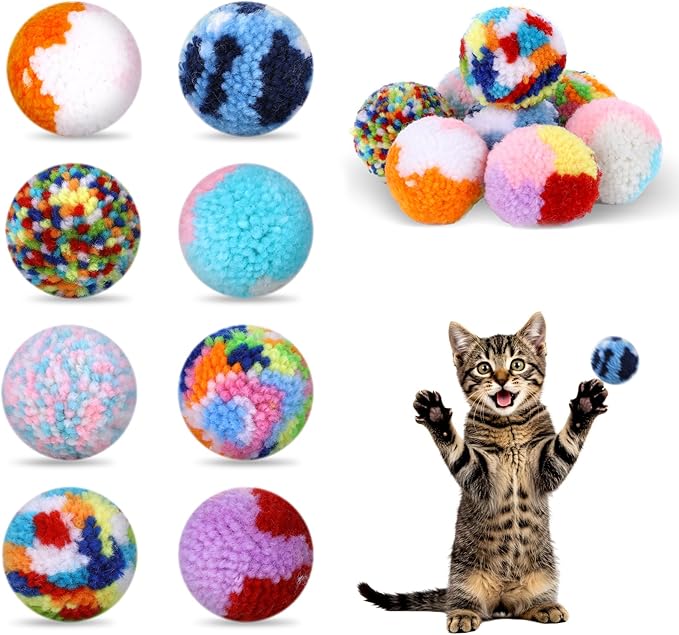 8 Pcs Woolen Yarn Cat Ball Toys Assorted Color Soft Fuzzy Pom Pom Balls Interactive Cat Chasing Toys for Indoor Cats Kittens