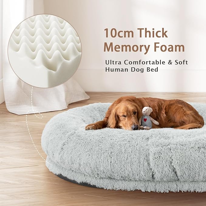 ROOMTEC Human Dog Bed, 78''x51''x12'' Size Fits Adult and Pet Washable Giant People Bed 10 CM Thick Memory Foam Large Oversize Pet Bed with Plump Pillow, Blanket, Strap - Grey