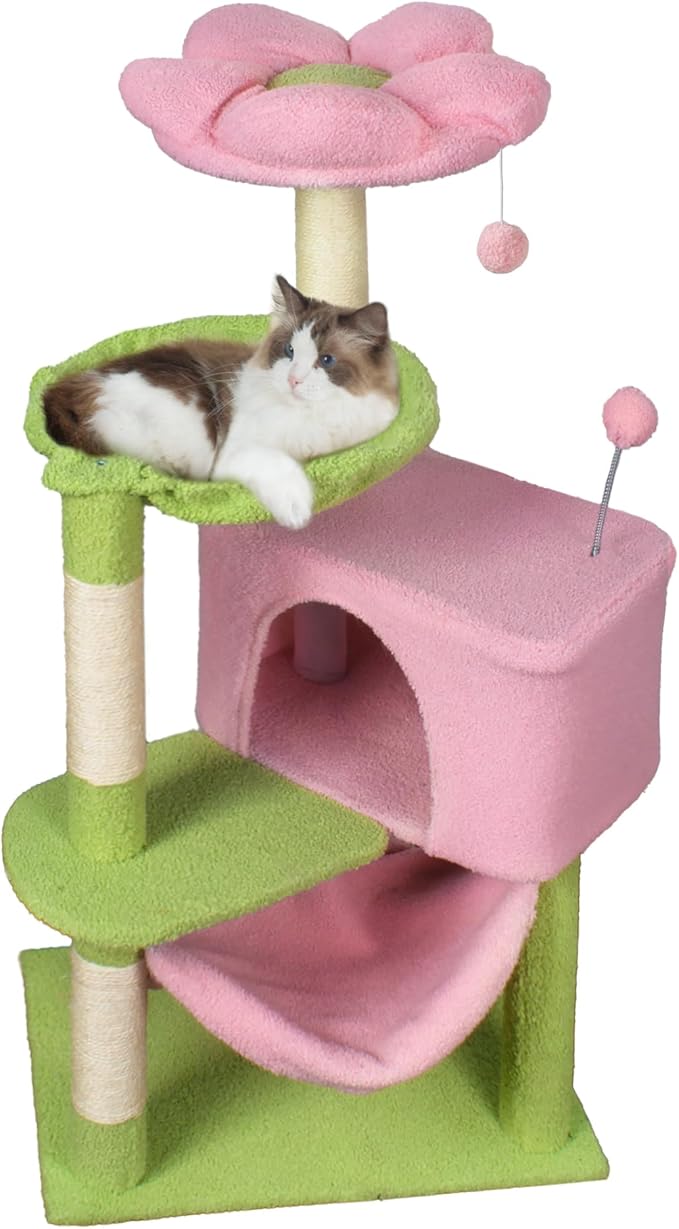 Fantasreen Cat Tree 43'' Cute Cat Tower Flower Cat Trees for Indoor Cat Condo with Hanging Toys Pink Large Top Perch for Kittens and Adults Cats Large
