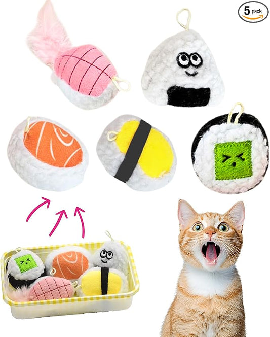 5 Pack Sushi Cat Toys with Gift Box, Interactive Catnip Filled Plush Toy with Bells, Interactive Soft Cat Toy Set for Indoor Cats, Boredom Relief, Exercise & Stress Reduction