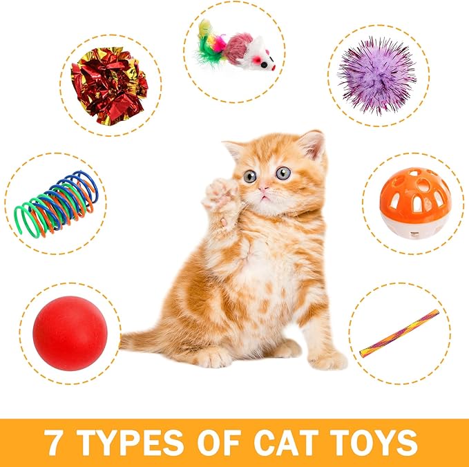 Nicunom 100 Pcs Cat Toys for Indoor Cats and Kittens - Spring, Fur Mice, Crinkle Ball, Sparkle Pom Pom Ball, Bell, Catnip Rope, Variety Cat Interactive Toy Set