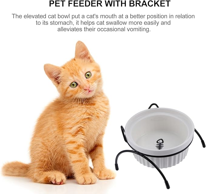 Ceramic Cat Bowl with Raised Black Metal Stand, Whisker-Friendly High Base Pet Food and Water Bowls Set for Cats, Neck Protection Elevated Feeder for Indoor Use