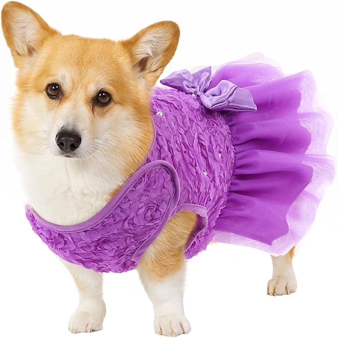 ASENKU Dog Dress Pet Wedding Dress Princess Lace Puppy Birthday Party Outfit Formal Apparel Girl for Small Medium Dogs Cats (Large, Purple)