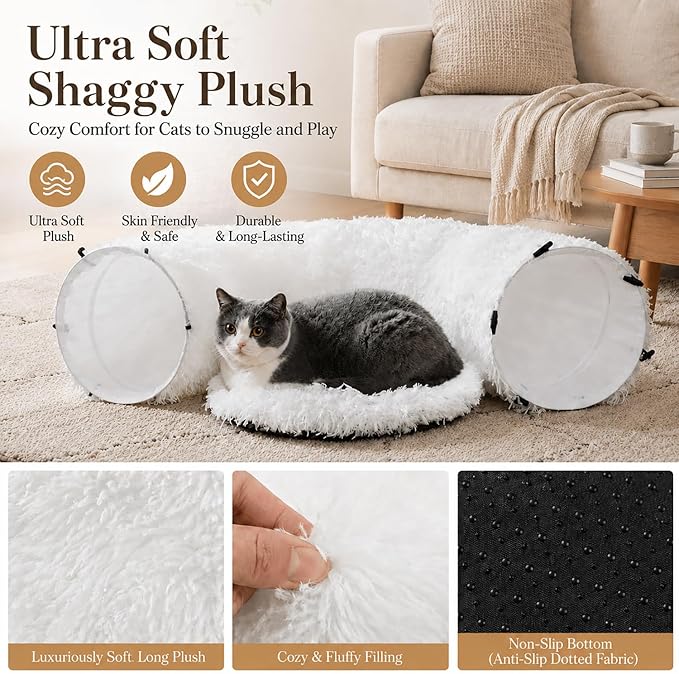 Feather Fluffy Plush Cat Tunnel Bed Big Tube Playground Toys 3 FT Diameter Longer Collapsible, for Indoor Cat Kitty Kitten Puppy Rabbit Ferret Snow White
