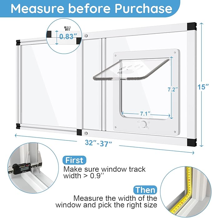 Sliding Cat Door for Window, Fits 32"-37" Width Window, 1-Min Install | Aluminum Frame + HD Glass | Weatherproof Design | Magnetic Closure Window Cat Door Insert, Adjustable Pet Door Window for Cats