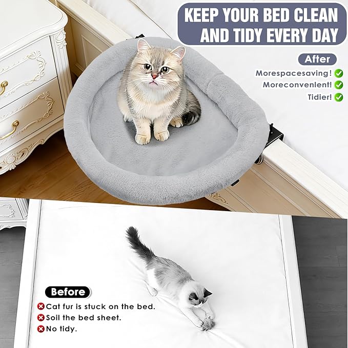IPOW Heavy Duty Steel Frame 180°Rotating Cat Bedside Bed Semi-Circular Cat Bed for Bedside, Soft Faux Rabbit Fur Material, Suitable for Various Desktops-Maximum Hold Up to 40lb